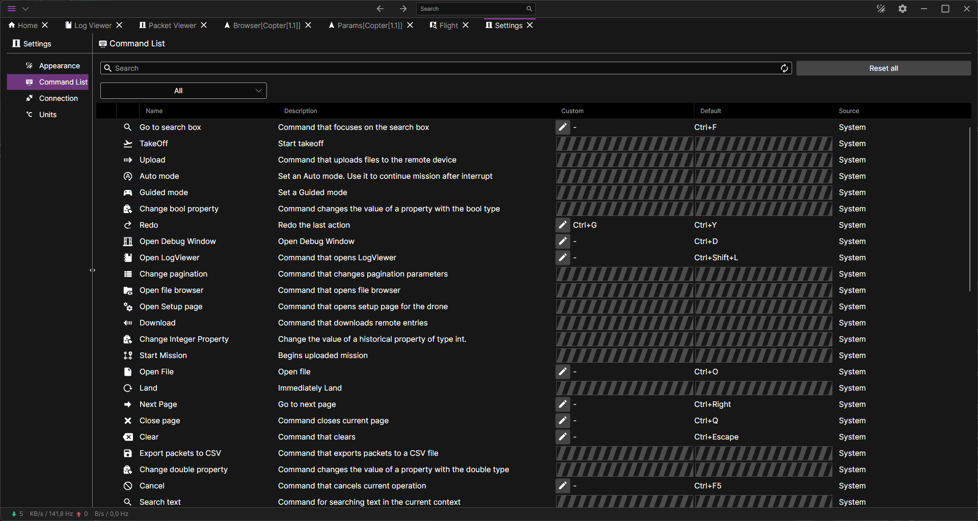 Commands settings