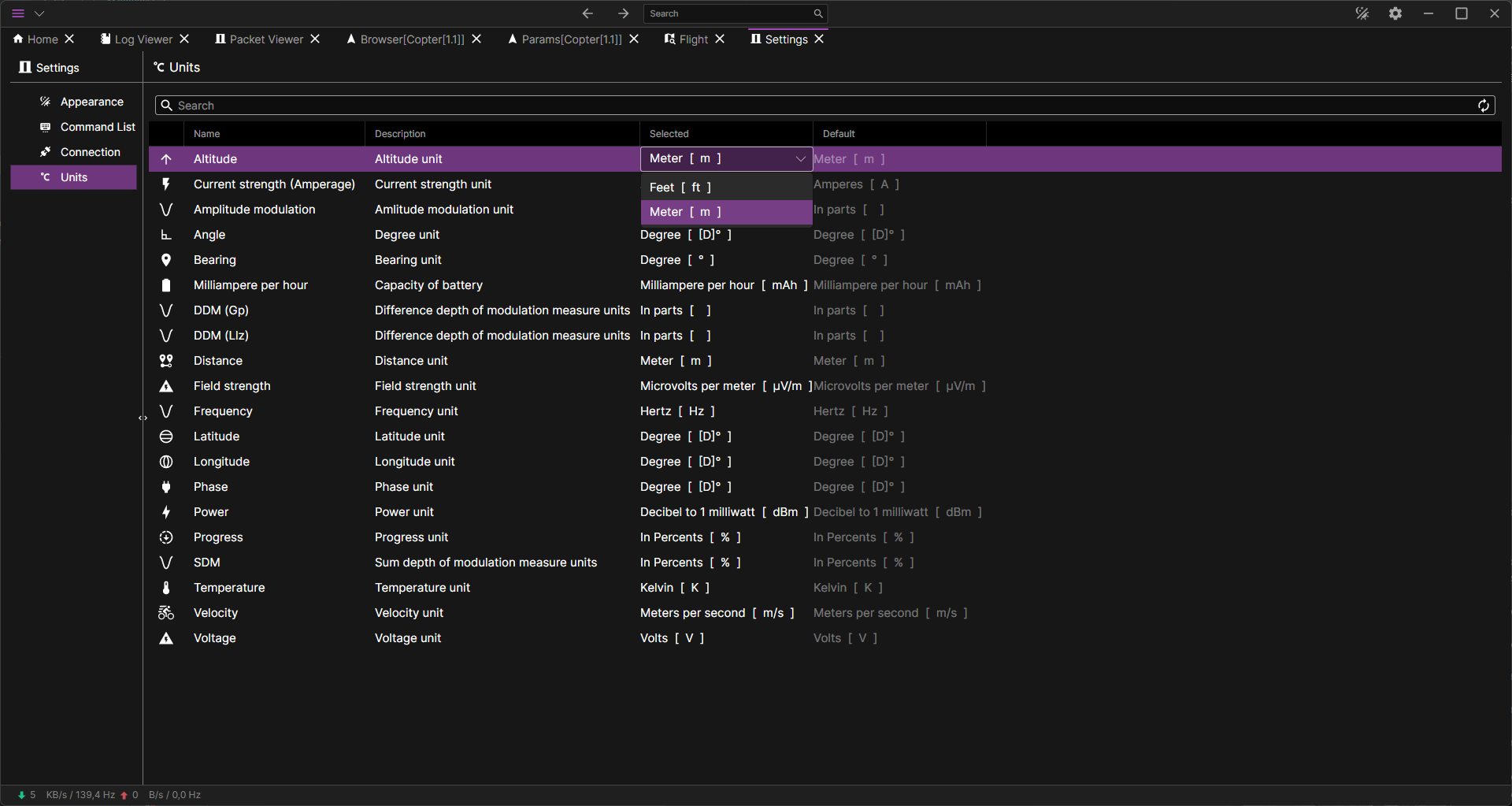 Measure Units settings